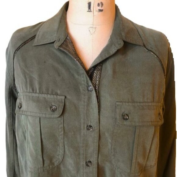 Free People Off Campus Shirt Moss Olive Metallic, utility boho army button down - Picture 8 of 16